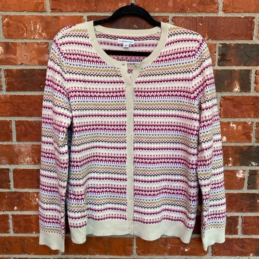 Croft & Barrow Womens Large Pink Fair Isle Printed Cardigan Sweater